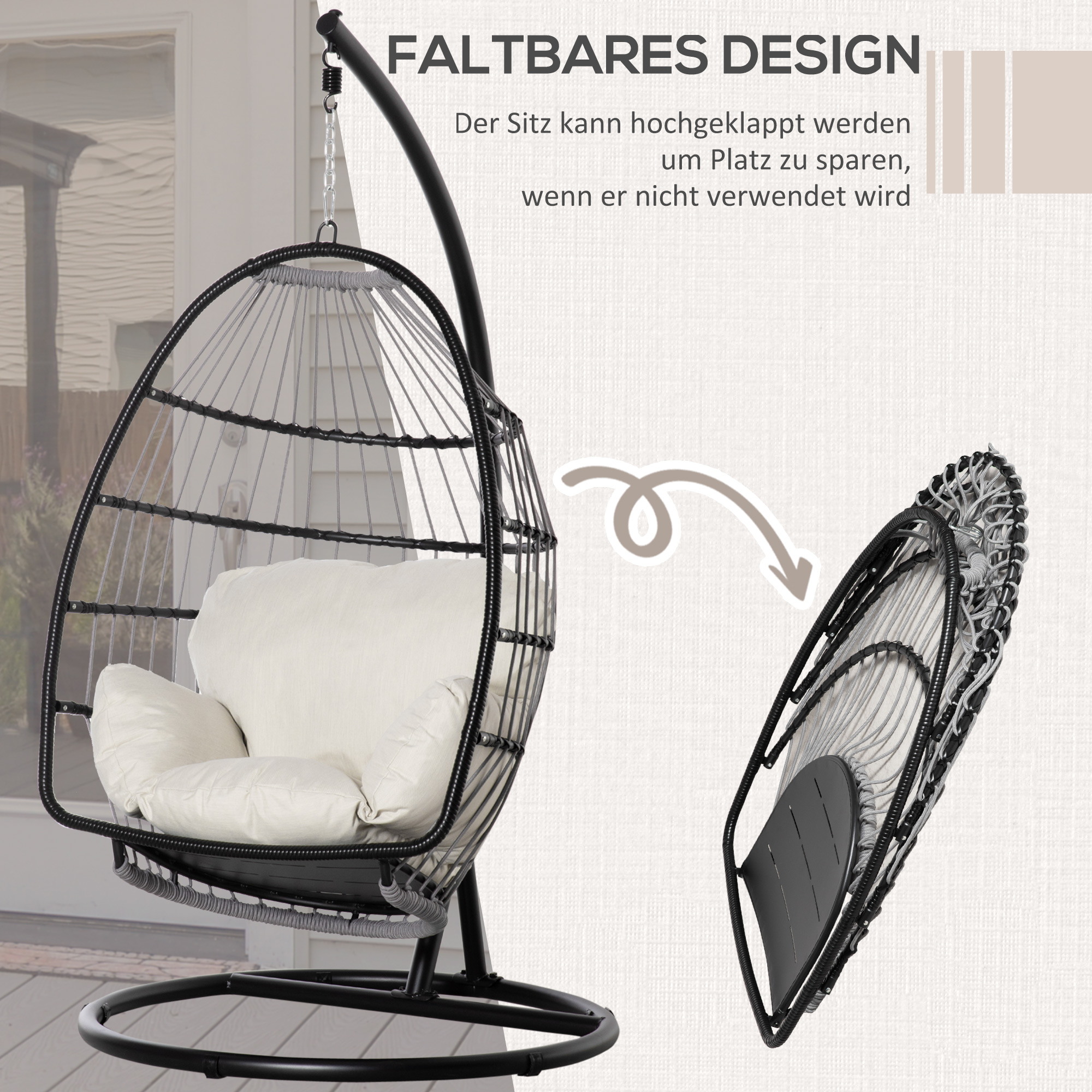 Outsunny hangstoel hangmand met frame hangende schommel hangstoel met kussenmand opvouwbaar metaal zwart + crème wit 101 x 101 x 188 cm