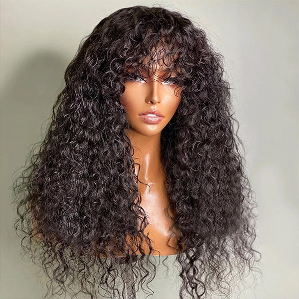 Clearance Water Wave Human Hair Wigs With Bangs No Lace Front Human Hair Wigs Full Machine Made Wig 180% Density
