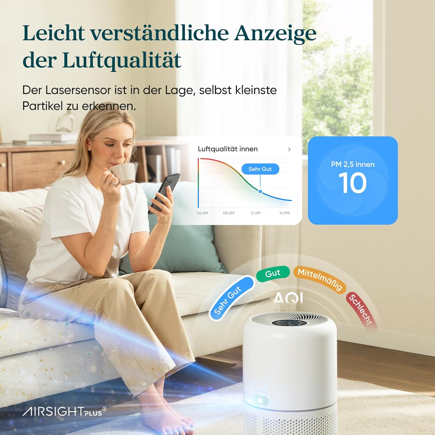 Levoit Luftreiniger mit HEPA Luftfilter gegen 99,97 Prozent Schimmel Staub Pollen Tierhaare, Luftqualitäts-Feedback und Auto-Modus, CADR 240m³/h für Raucherzimmer, bis zu 50m², Weiß