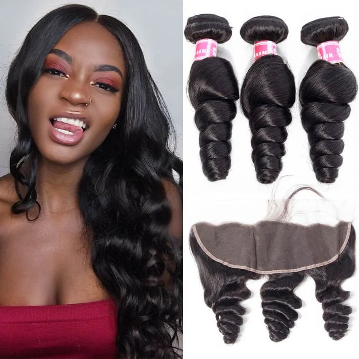 Brazilian Loose Wave Hair 3 Bundles With 13x4 Lace Frontal 100% Virgin Human Hair Weave