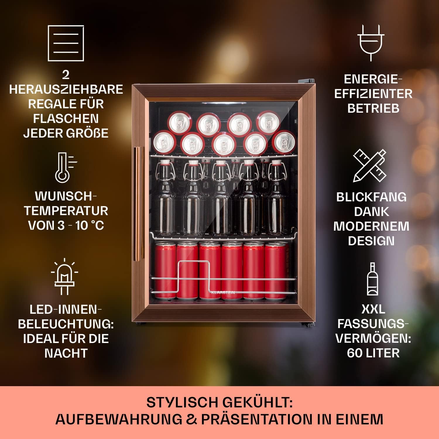 Klarstein Mini Koelkast met Glazen Deur voor Kamer, Drankenkoelkast met Verstelbare Planken, Klein 80 Liter, Indoor/Outdoor Koelkast Stil