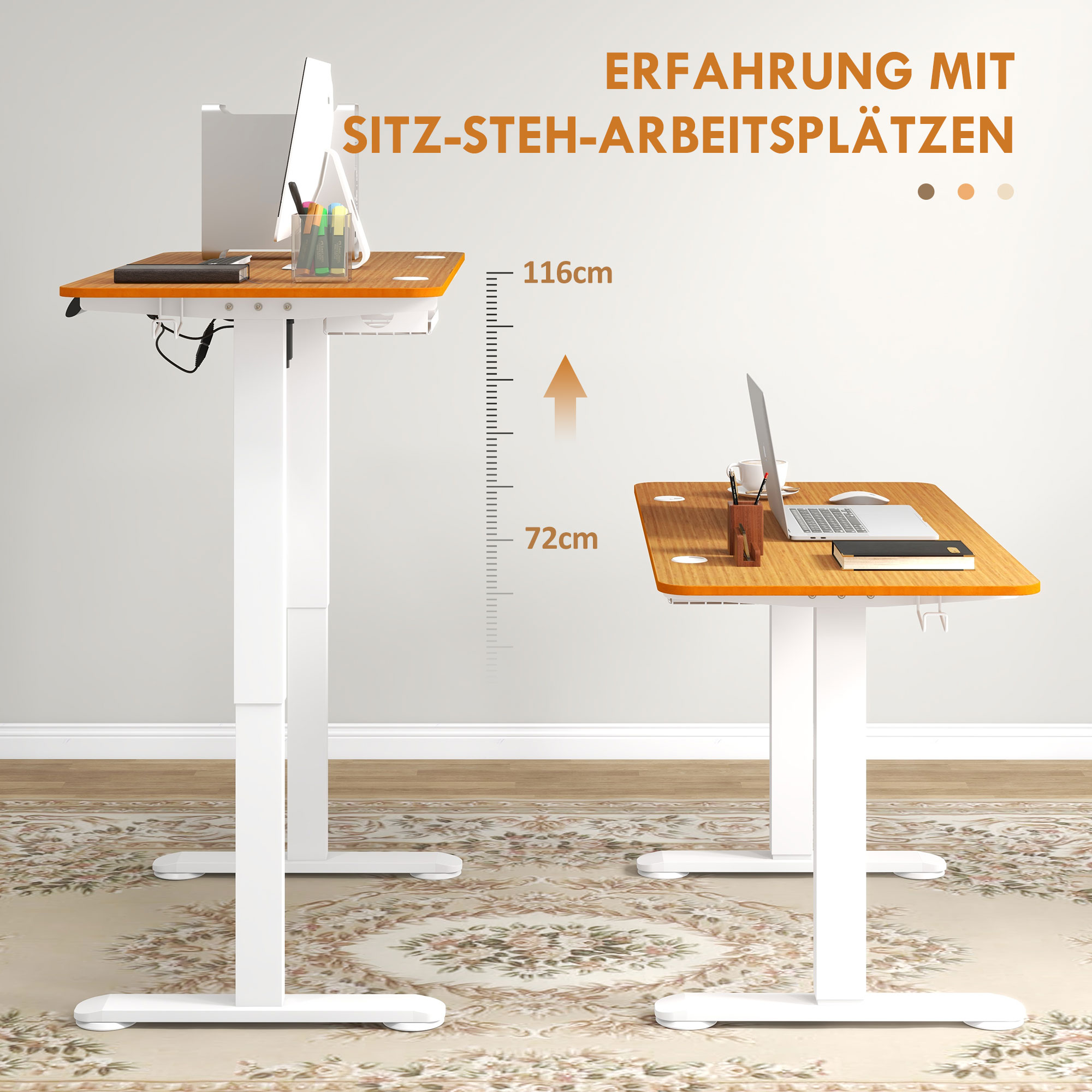 Vinsetto Zit-sta Bureau, in hoogte verstelbaar, 120x60x72-116cm, Natuur/Wit