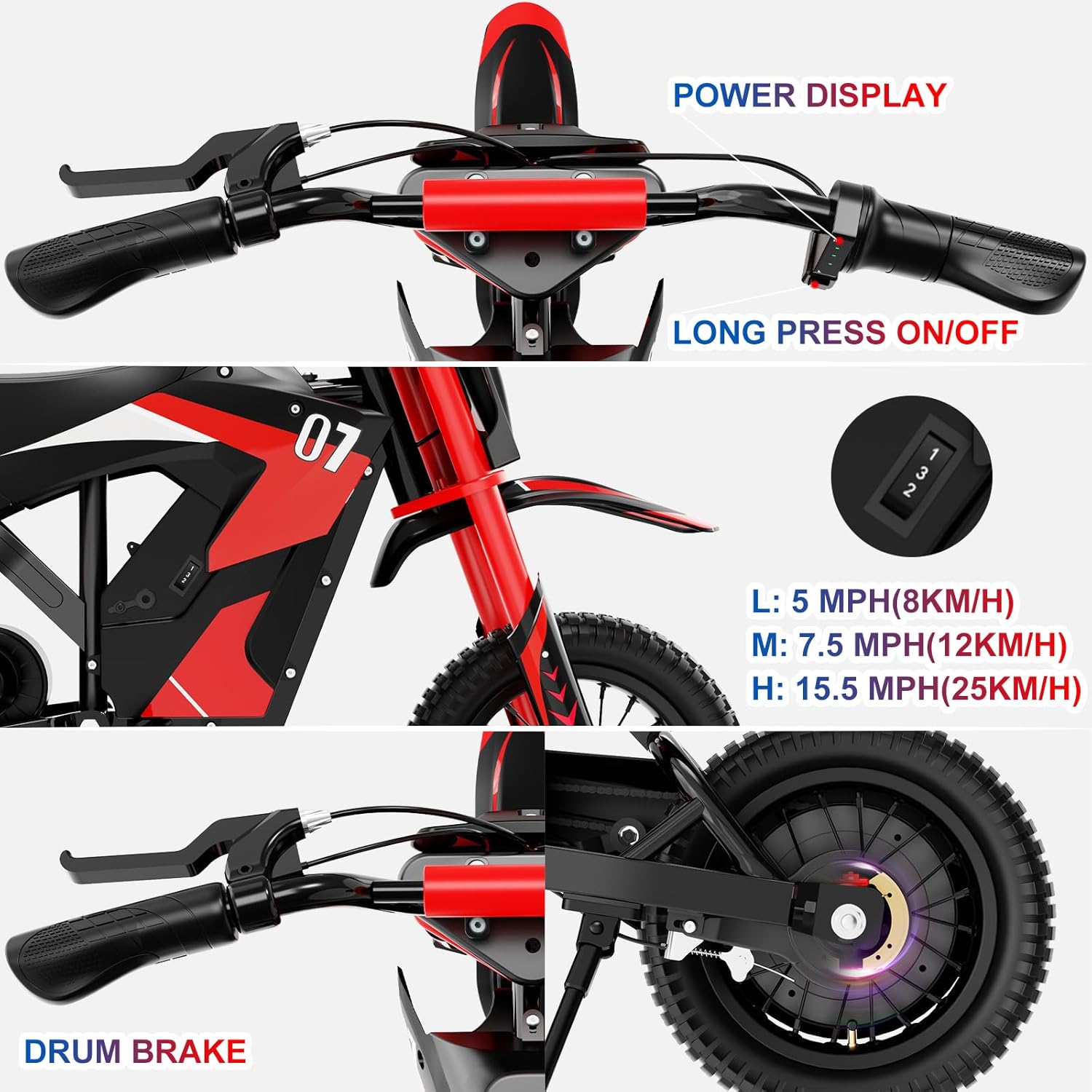 EVERCROSS EV12M Elektro Motorrad Kinder, Elektromotorrad mit 300W Motor, 8/12/25 KMH Geschwindigkeitsmodus, 15KM Lange Reichweite, 12 Zoll Luftreifen, Moto Cross für Kinder von 3–12 Jahren