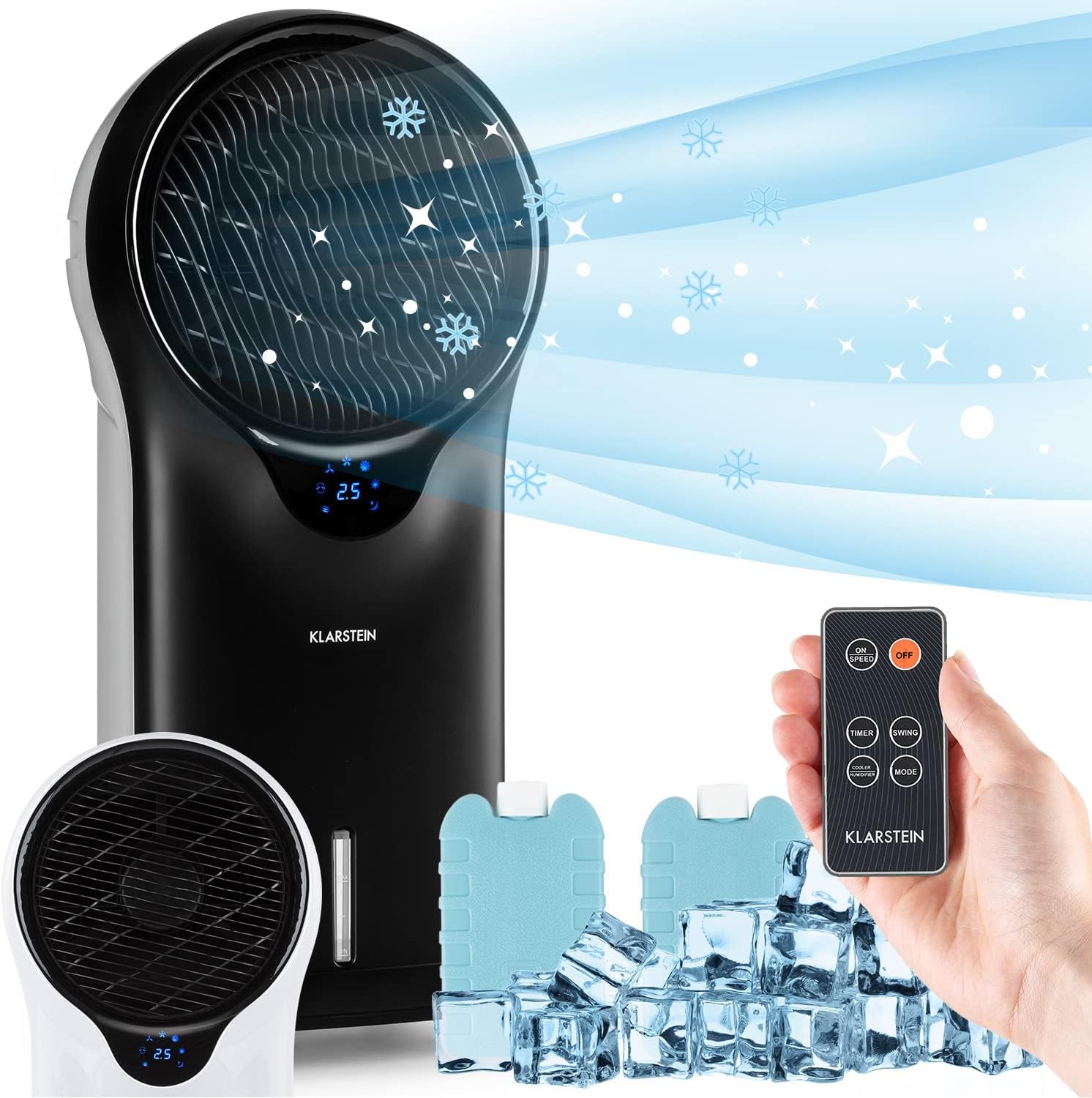 Klarstein Luftkühler mit Wasserkühlung, 3-in-1 Verdunstungskühler, Luftbefeuchter & Ventilator, Mobile Klimageräte Luftkühler mit 5,5L Tank, 90W Air Cooler mit Nachtmodus, 1600m³/h Luftstrom