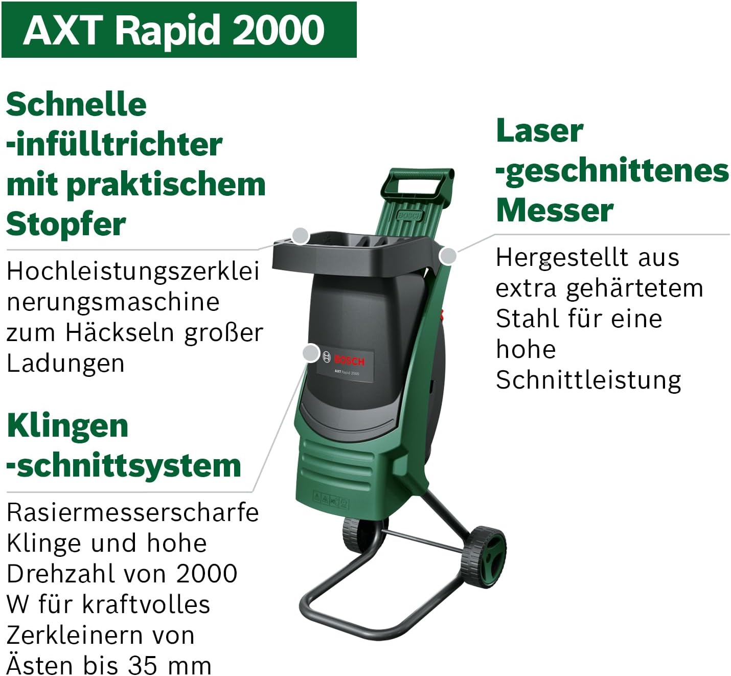 Bosch AXT Rapid 2000 Häcksler (zum leistungsstarken Häckseln von Gartenabfällen; kraftvoller 2000-W-Motor)