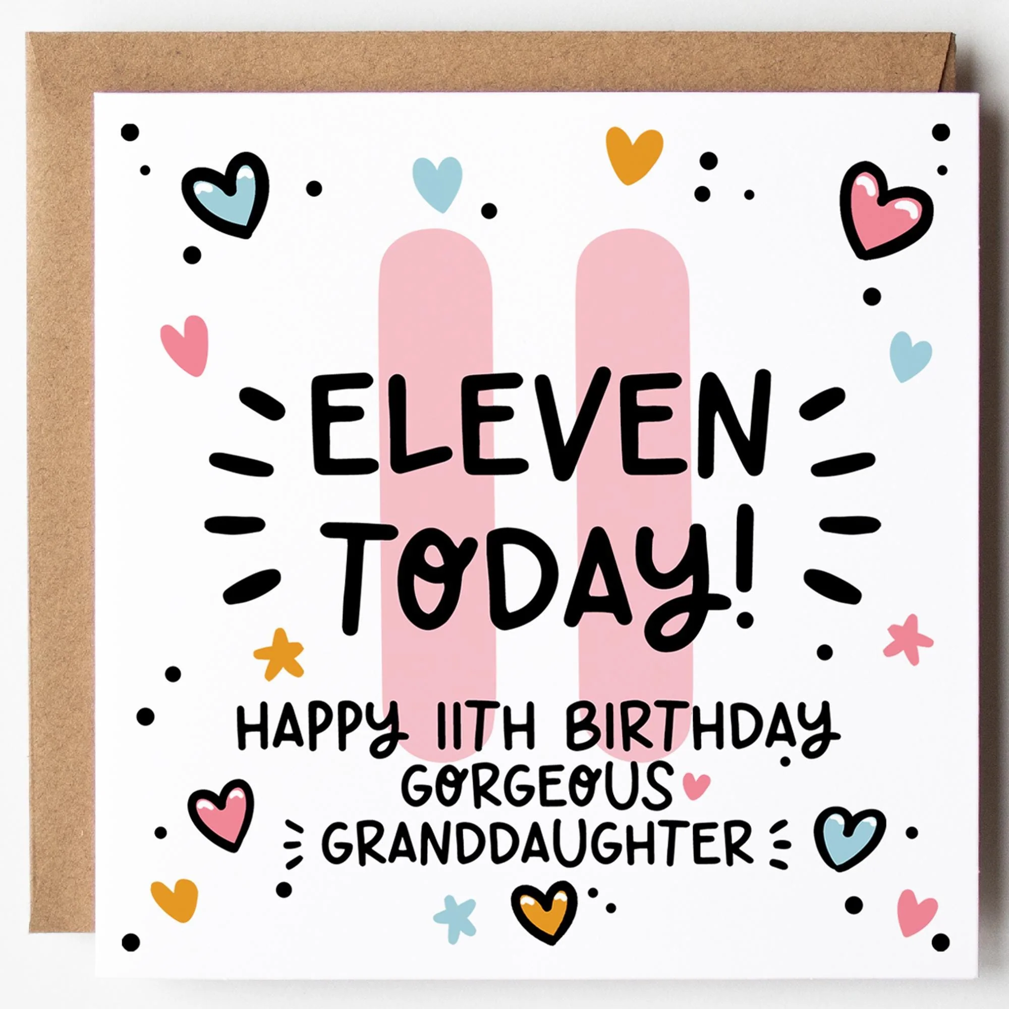 Granddaughter 11th Birthday Card; Eleven Today, with Kraft Envelope