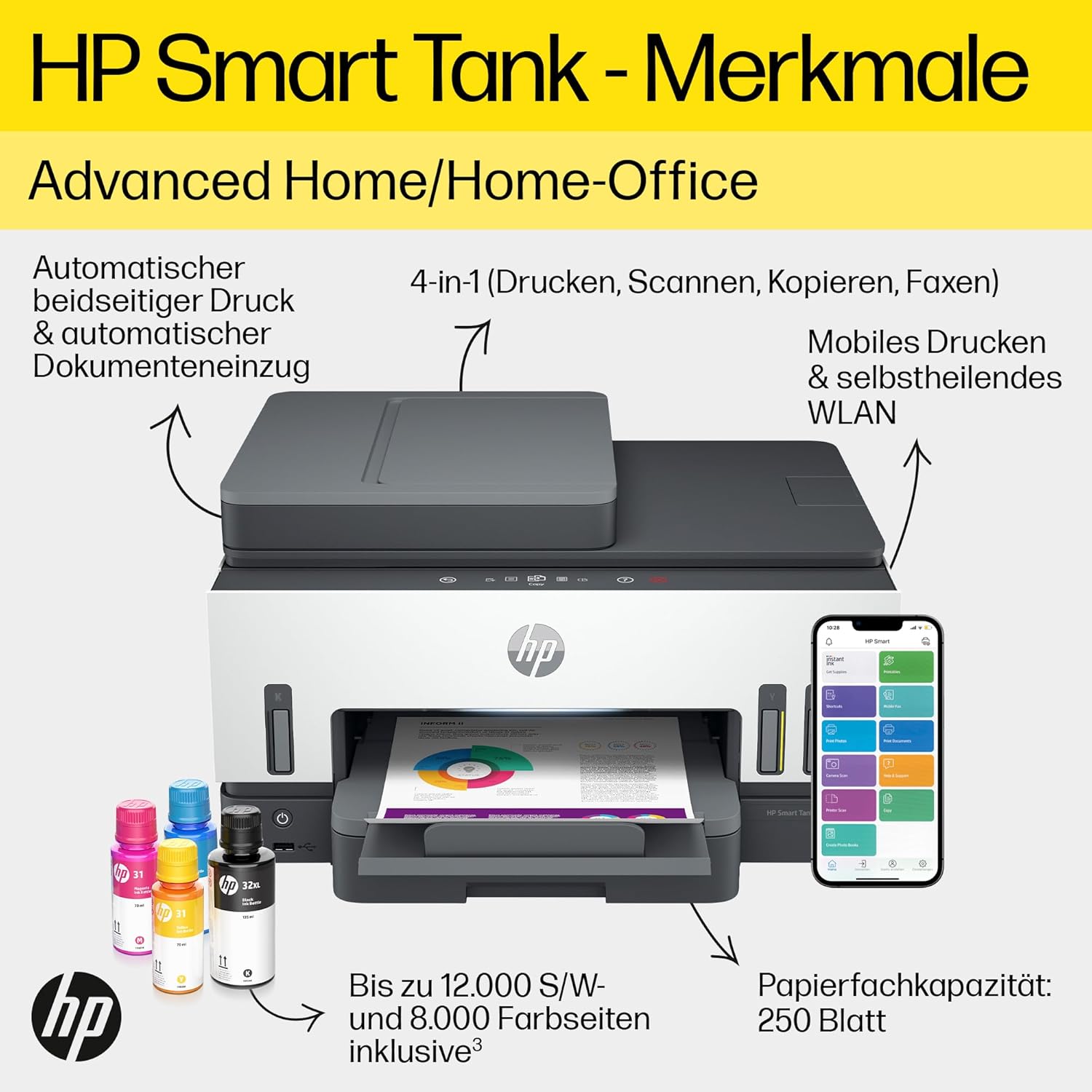 HP Smart Tank 7605 4-in-1 Multifunktionsdrucker (WLAN; Duplex; ADF) – 3 Jahre Tinte inklusive, 3 Jahre Garantie, großer Tintentank, hohe Reichweite, Drucken in hoher Qualität
