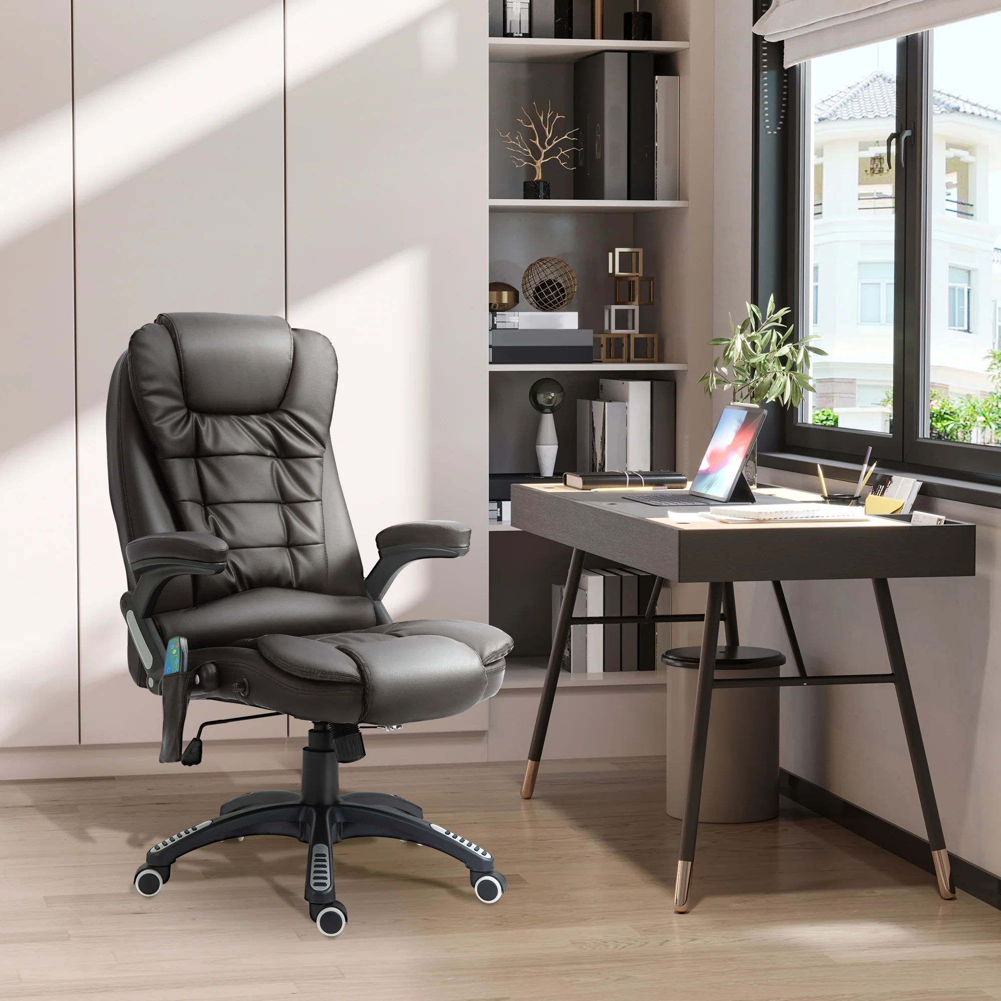 Executive bureaustoel met massage en verwarming, PU-leder hoge rugleuning bureaustoel, bruin