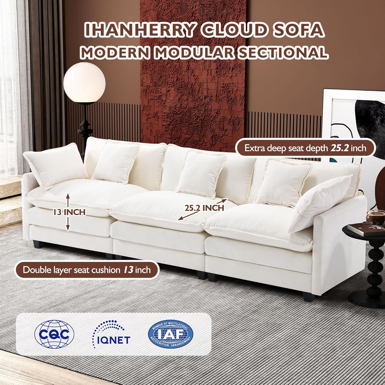 111.4 Inch L-Shaped Modern Sofa Modular Cloud Sofa Ottoman 4-Seater Chenille Deep Seat Sofa