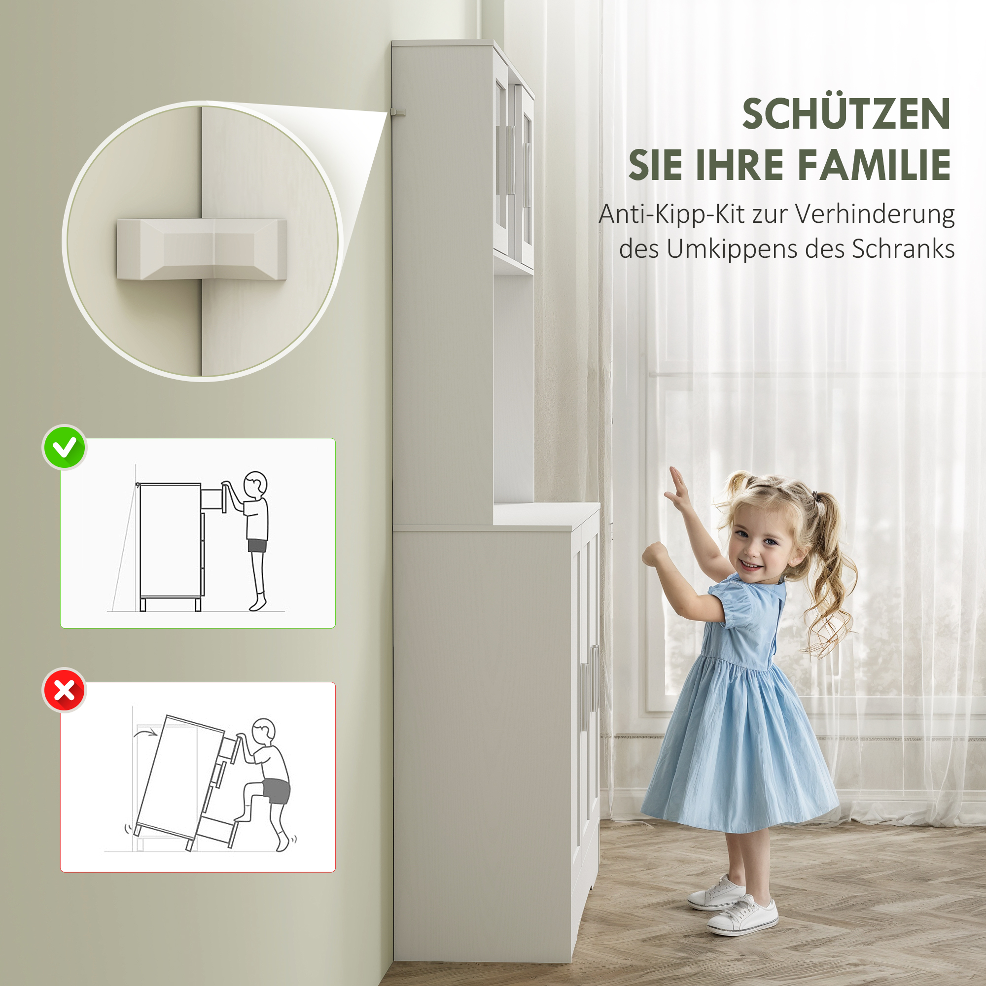 HOMCOM Keukenkast, Scandinavisch Design, 4 Kasten, Verstelbare Planken, Glazen Deuren, Open Vak, Spaanplaat, MDF, Wit