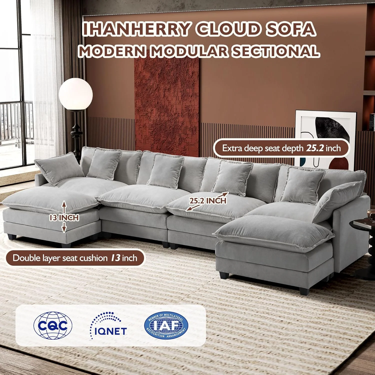 111.4 Inch L-Shaped Modern Sofa Modular Cloud Sofa Ottoman 4-Seater Chenille Deep Seat Sofa