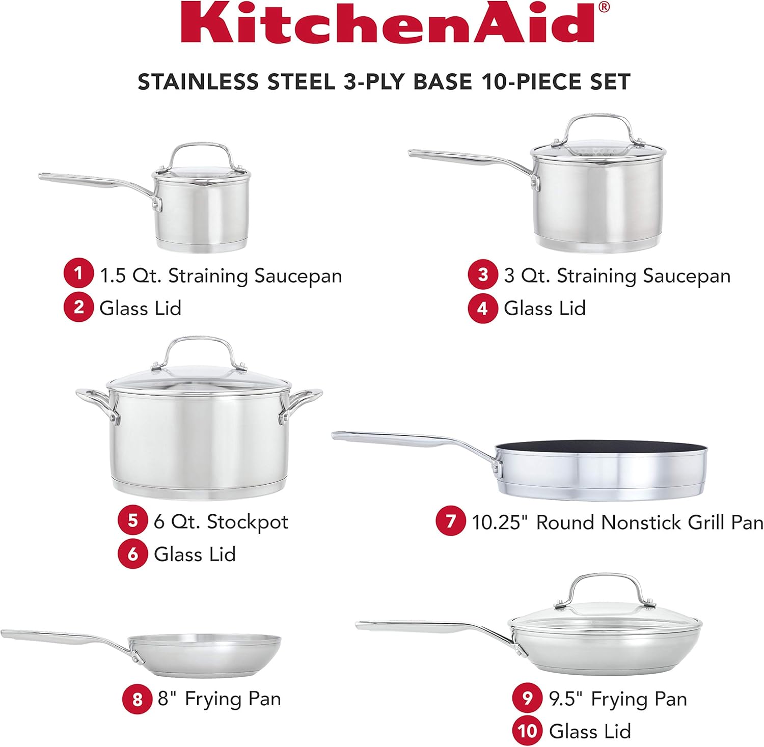 KitchenAid 3-Ply Base Brushed Stainless Steel Induction Pots and Pans Set with Nonstick Round Grill Pan and Lids, Dishwasher Safe, 10 Piece Cookware Set, Brushed Stainless Steel