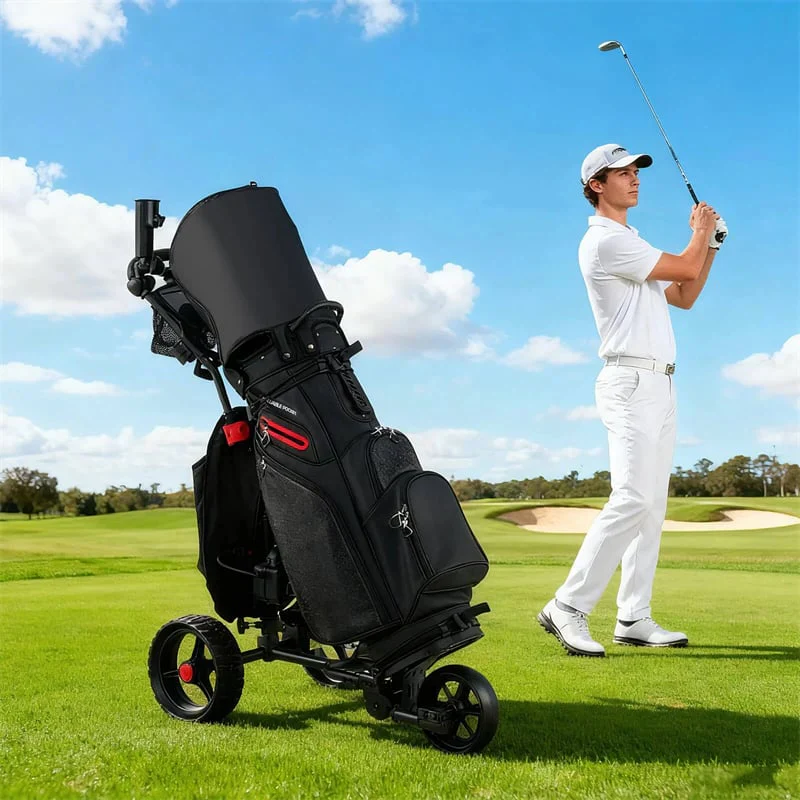 Elektromos golf tolókocsi, összecsukható, 3 kerekű, állítható fogantyúval, 9 sebességfokozattal, 18 lyukú akkumulátorral, esernyőtartóval, italtartóval, hűtőtáskával és USB-porttal