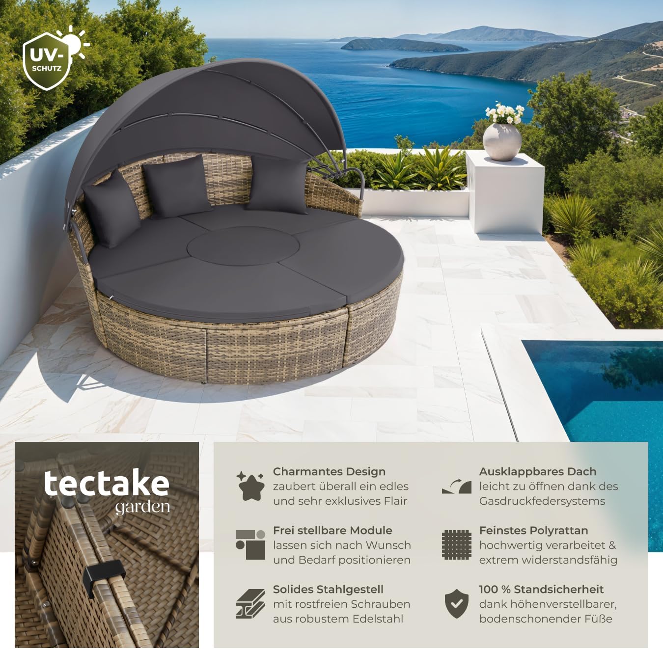 tectake® Lounge Muschel Sonneninsel Outdoor wetterfest, Gartenmuschel, Sonnenliege 2 Personen und mehr, multifunktionales Terrasse oder Balkon Möbel, Gartenliege wetterfest - Natur