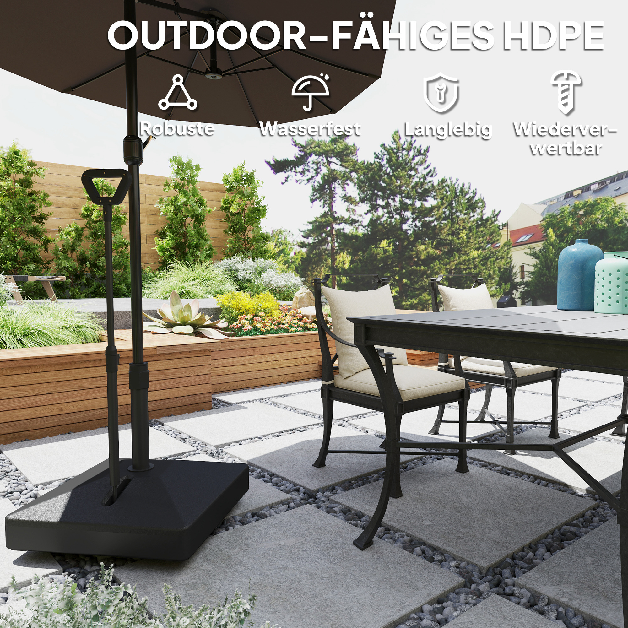 Outsunny Tuinparasolvoet met verstelbare wielen, vulbaar met water en zand, Kunststof, Zwart