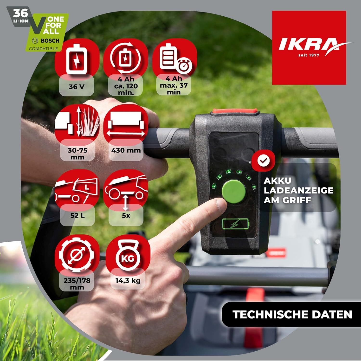 IKRA Bosch 36V Akku 3in1 Rasenmäher Mulchmäher IB-LM 43, Rasenflächen bis 600m2, Schnittbreite 43cm, Schnitthöhe 30-75mm, ohne Akku  und  Ladegerät
