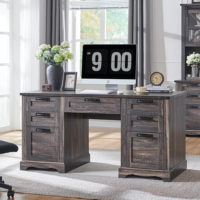 60 Farmhouse Executive Desk, Wood Home Office Desk, Computer Desk