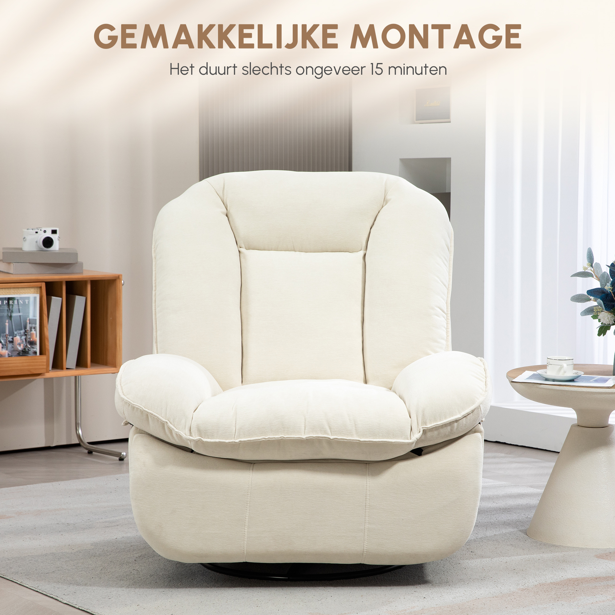 HOMCOM Relaxfauteuil, verstelbaar, 104x100x102cm/164x76cm, Crème Wit