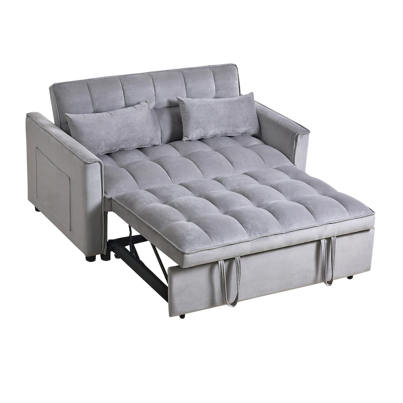 Modern Velvet Loveseat Futon Sofa Couch Pullout Bed, Small Love Seat Lounge Sofa w/Reclining Backrest, Toss Pillows, Pockets