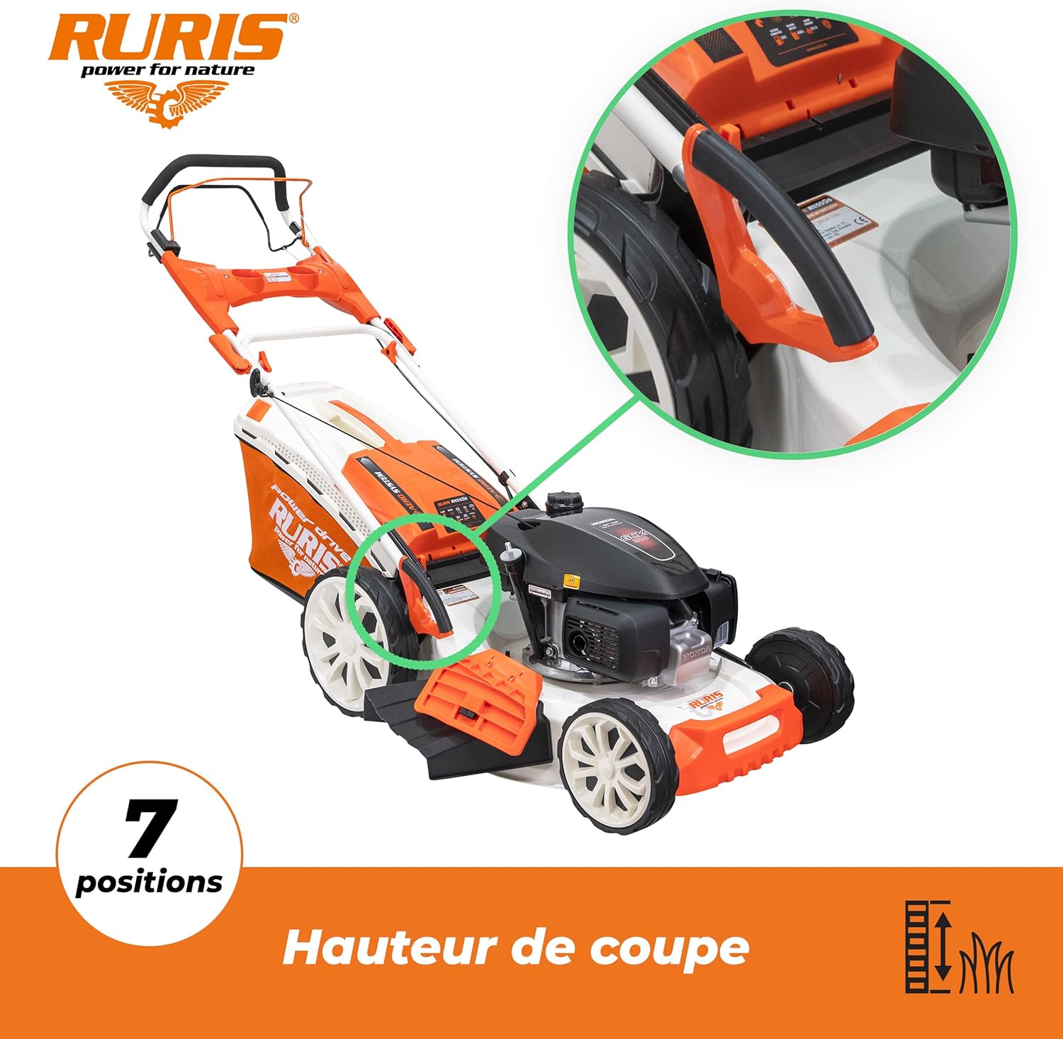 RURIS Power for Nature Tondeuse à Gazon Thermique RX555s Moteur Honda 5,2 CV, 202cc, 530mm, Sac 65l, propulsee Automatique, 5 in 1: Ramassage, Éjection Arrière et Latérale, Mulching, Nettoyage