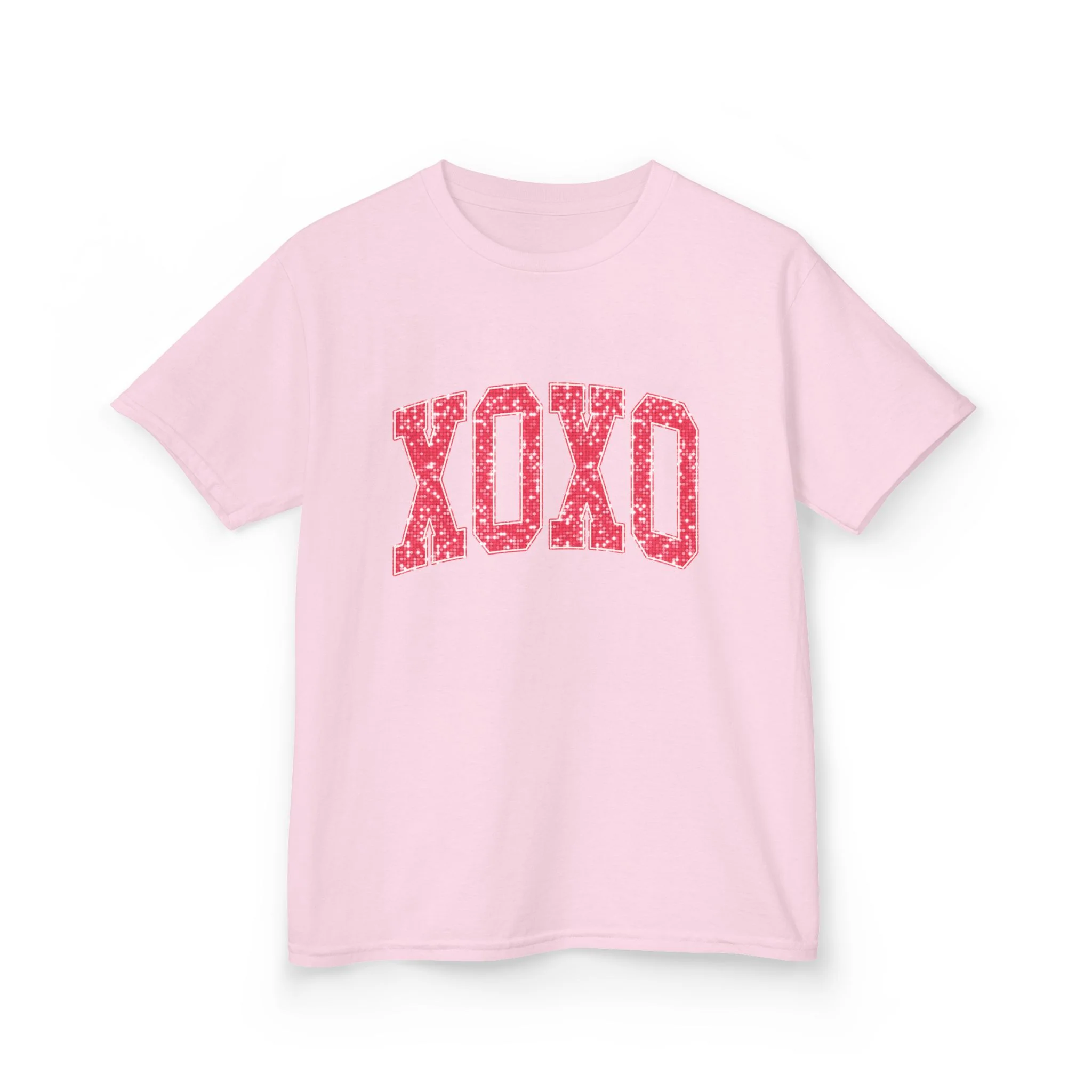 XOXO Kids Tee, Valentine Heart Pattern, Pink Lettering
