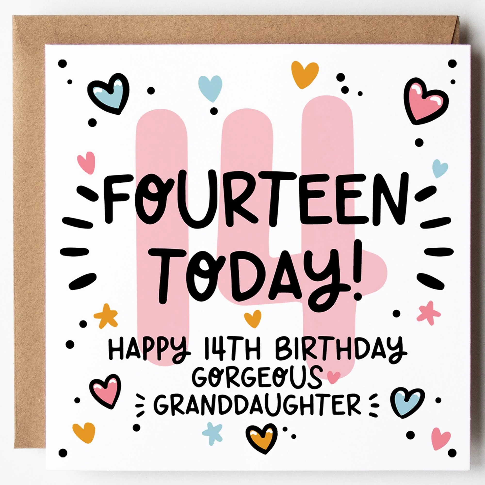 Granddaughter 14th Birthday Card; Fourteen Today, with Kraft Envelope