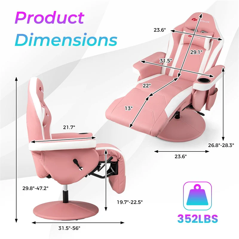 Ergonomic Gaming Recliner Chair with Massage, Retractable Footrest & Cup Holder, Height Adjustable Racing Style Swivel Video Game Chair