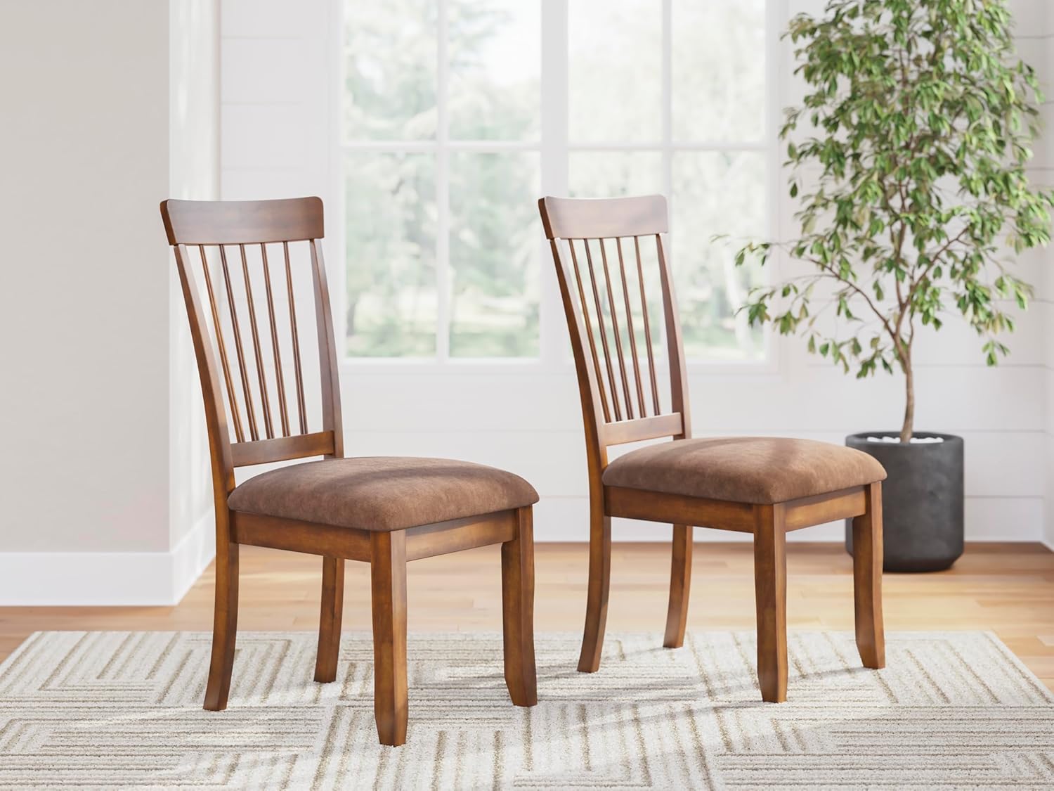 Signature Design by Ashley Berringer Dining Chairs Set of 2, Classic Wood Spindle-Back Design, Cushioned Microfiber Seat, Rustic Finish for Kitchen & Dining Room Chair, Walnut