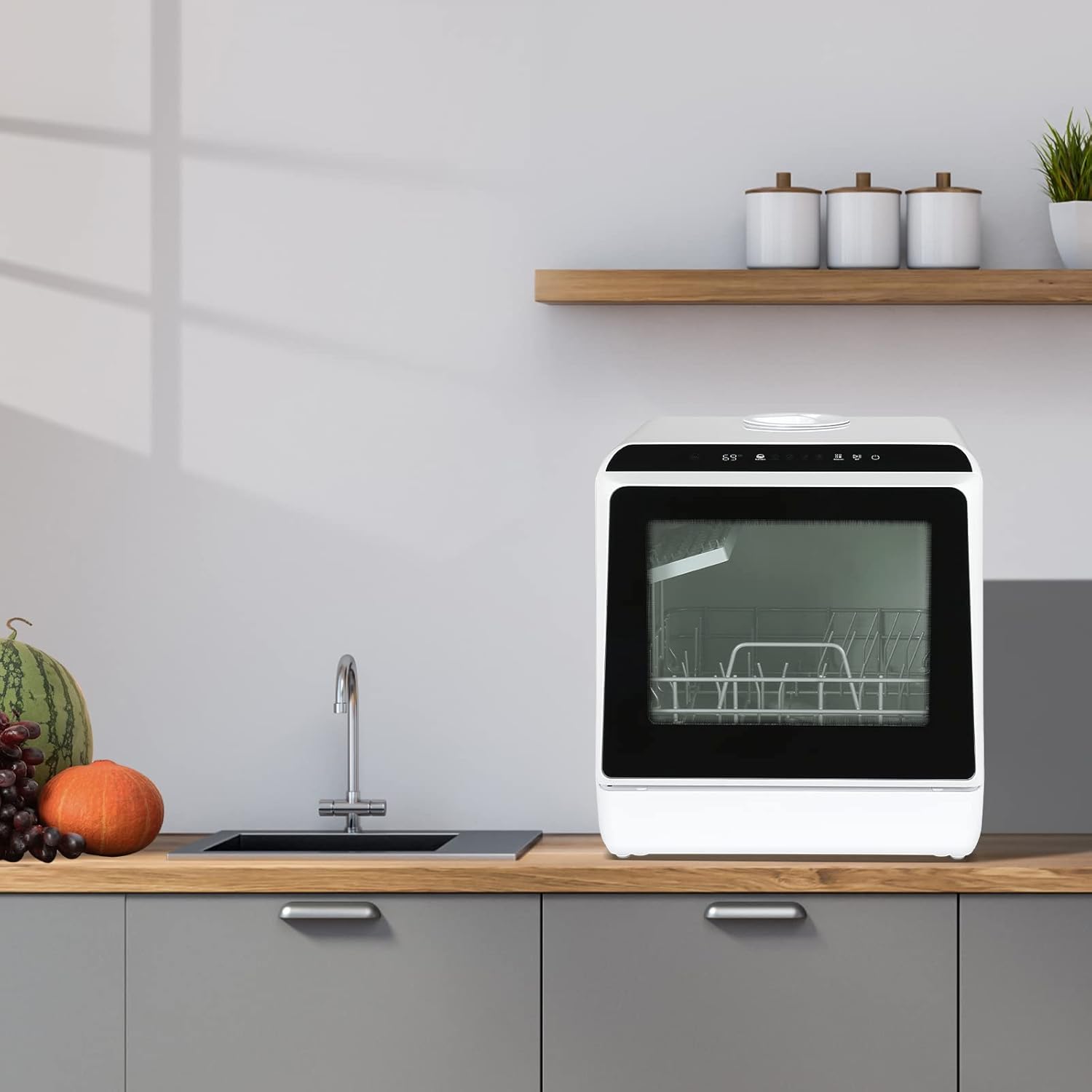Fullwatt Mini Geschirrspüler für 3 Gedecke Freistehender Tischgeschirrspüler, mit/ohne Wasseranschluss nutzbar, ragbarer Geschirrspüler mit 5+1 Programme Integriertem 5 Liter Wassertank Touch Control