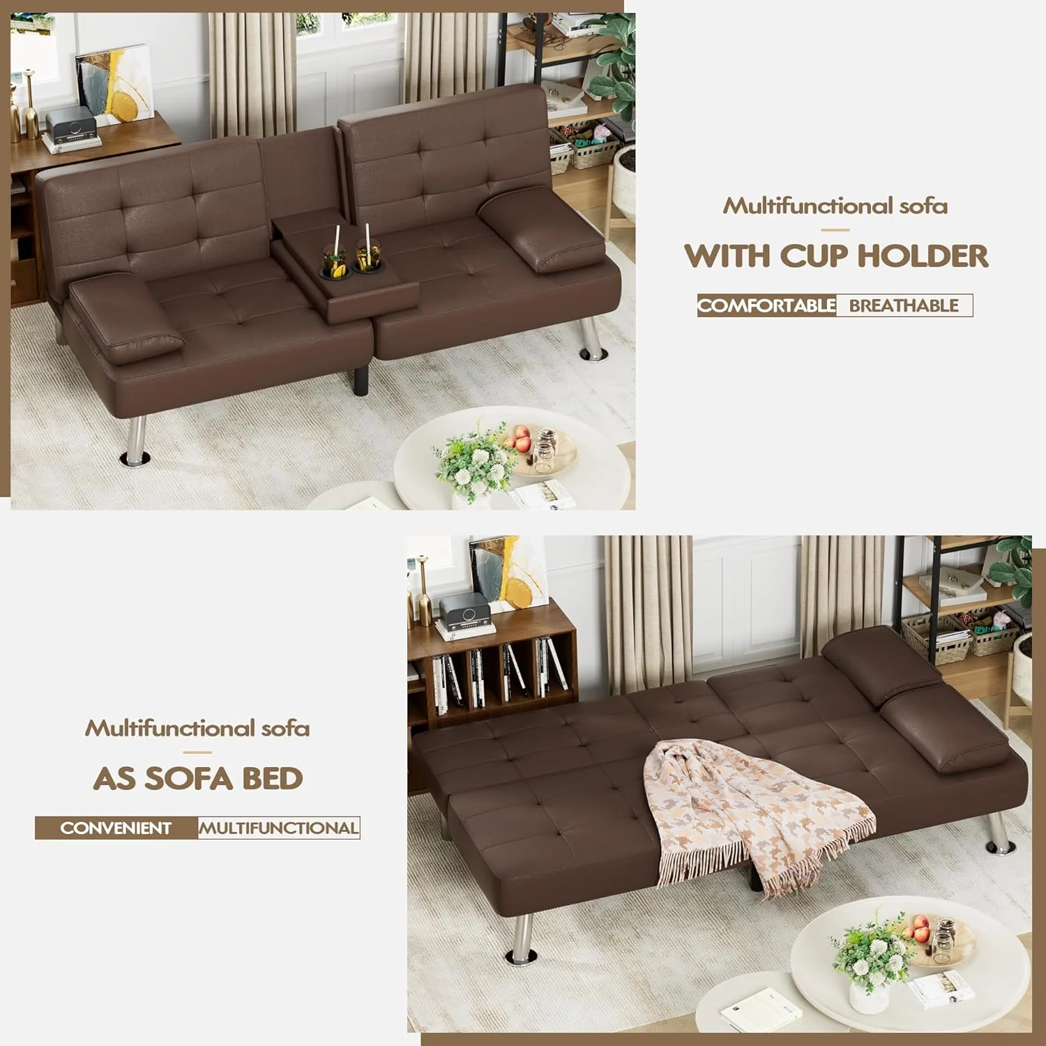 Homall Futon Sofa Bed Leather Futon Couch Removable Armrests Adjustable Recliner Sofa Bed