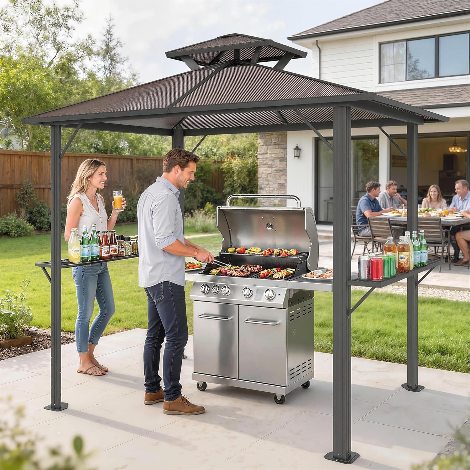 Outsunny Grillpavillon 2,5 x 1,5 m, Wasserdicht Grillüberdachung mit Doppeldach aus Polycarbonat Seitenregalen Aluminiumrahmen UV-Beständige Grill Pavillon Grillzelt für BBQ Garten Party Braun