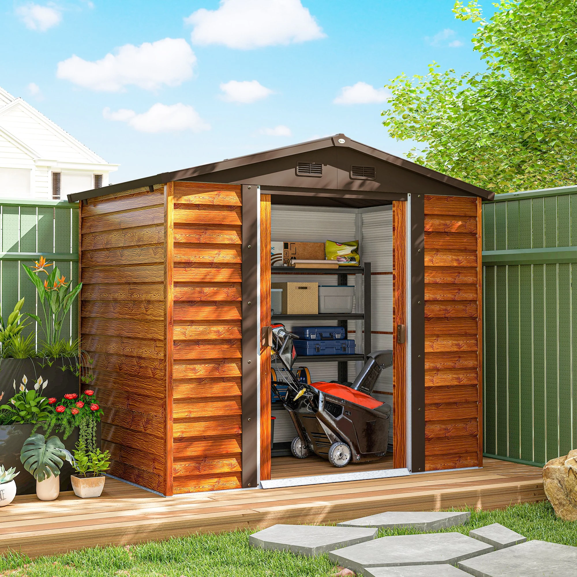 Outsunny Tuinschuur, gereedschapsschuur, tuinhuis met ramen, weerbestendig, houtlook, staal, 152 x 235,7 x 208,7 cm, Bruin