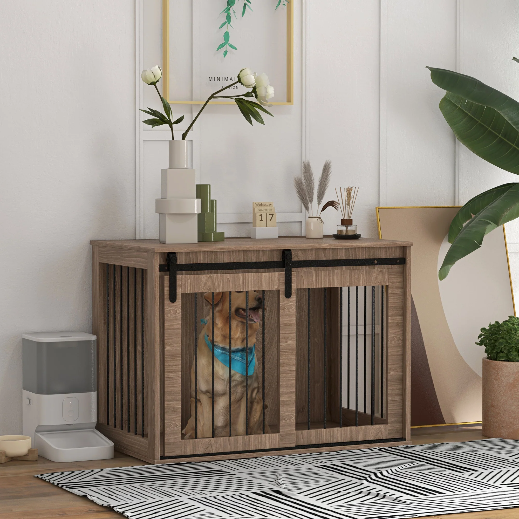 PawHut Hondenbench Hondenkooi, Afsluitbaar, Houtlook, Rustiek Ontwerp, 98 cm x 58 cm x 67 cm, Walnoot + Zwart