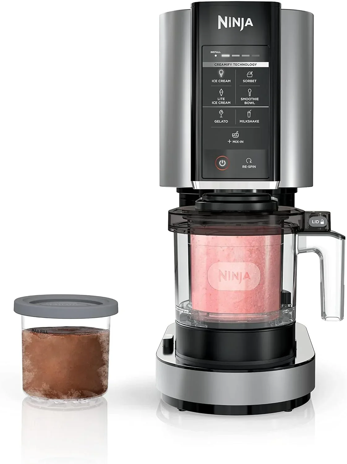 Ninja NC301 CREAMi fagylaltkészítő gép, gelato, keverékek, turmixok, szorbé, smoothie tálak és egyebek készítéséhez, 7 egygombos programmal, 2 pintes tárolóval és fedéllel, kompakt méret, ideális gyerekeknek, ezüst