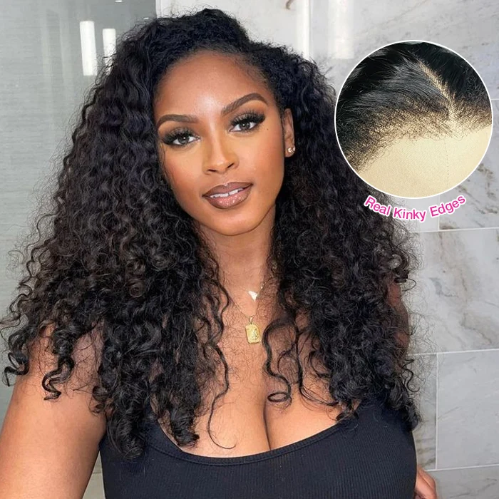 4C Edges Hairline Water Wave 8x5 Glueless Lace Front Wig Pre Bleached Pre Plucked HD Lace Human Hair Wigs For Black Women