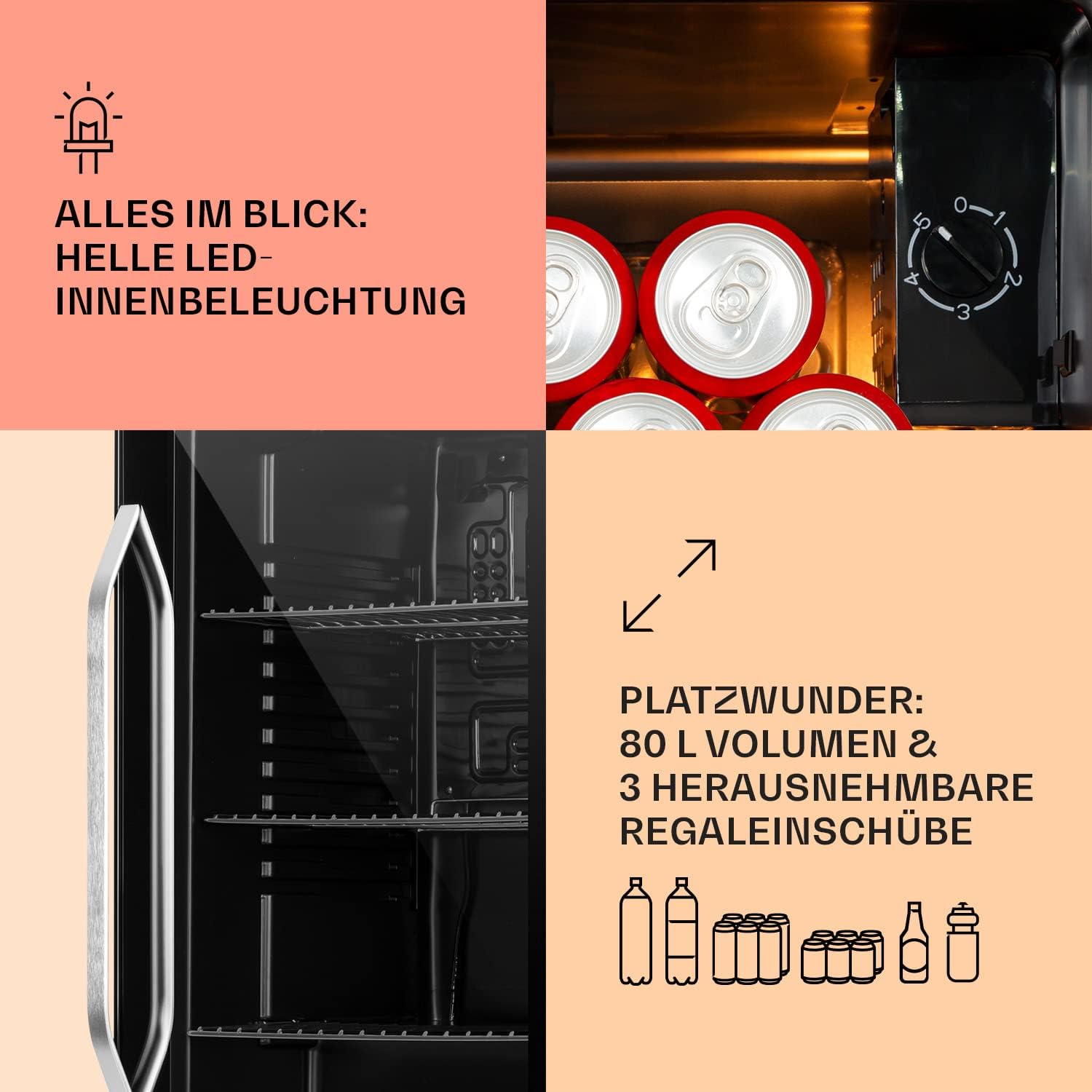 Klarstein Mini Koelkast met Glazen Deur voor Kamer, Drankenkoelkast met Verstelbare Planken, Klein 80 Liter, Indoor/Outdoor Koelkast Stil