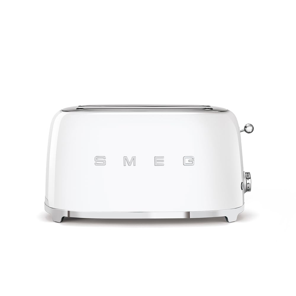 Smeg, 2x2 TSF02WHEU -Toaster, 2 lange Schlitze für 2 Scheiben, 6 Vergoldungsniveaus, Heizfunktion, Abtau- und Bagel- Funktion, Sammelschublade, 950W, Weiß