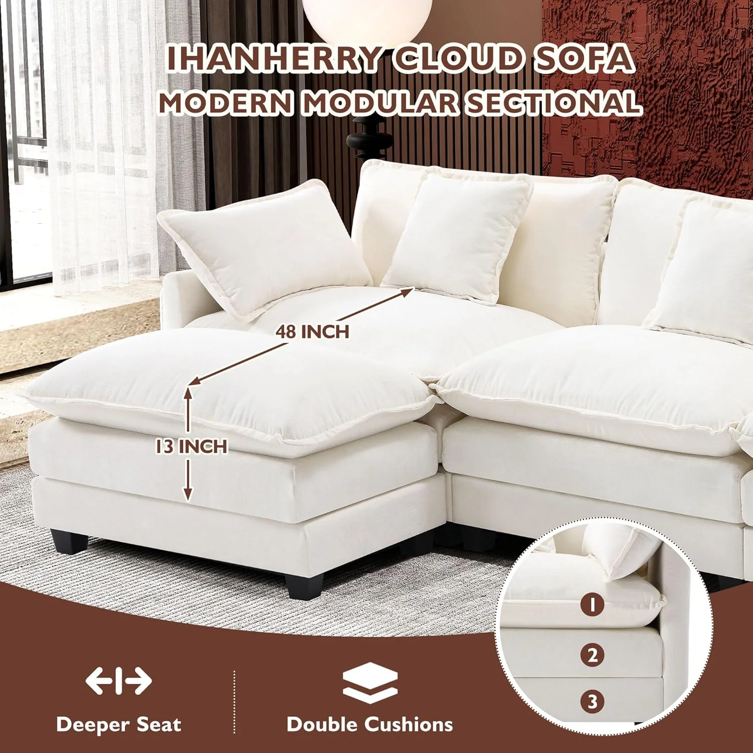111.4 Inch L-Shaped Modern Sofa Modular Cloud Sofa Ottoman 4-Seater Chenille Deep Seat Sofa