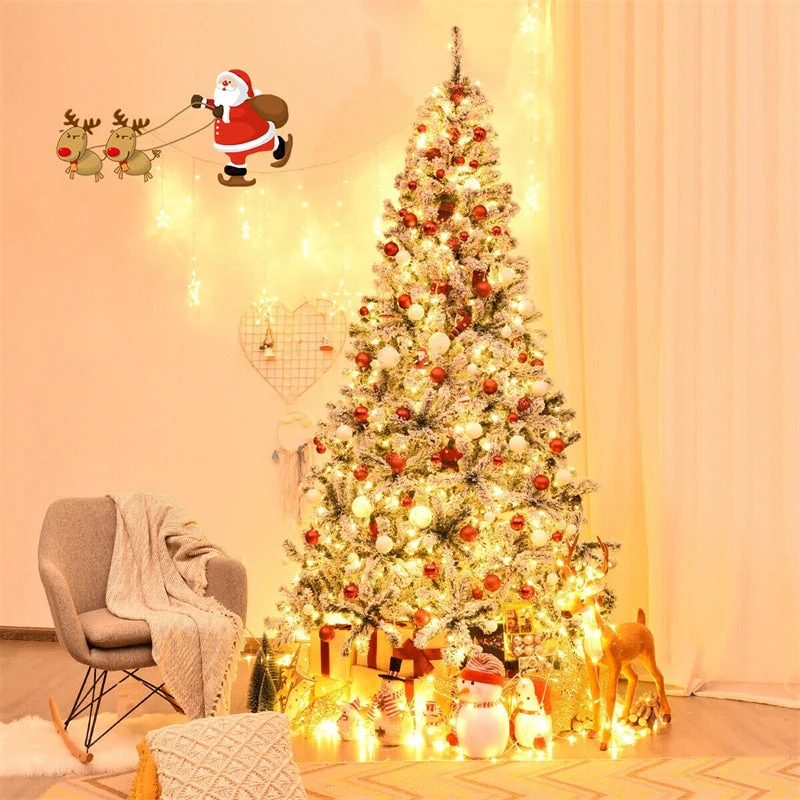Premium Pre-Lit Snow Flocked Artificial Christmas Tree with Hinged Branch Tips & LED Lights