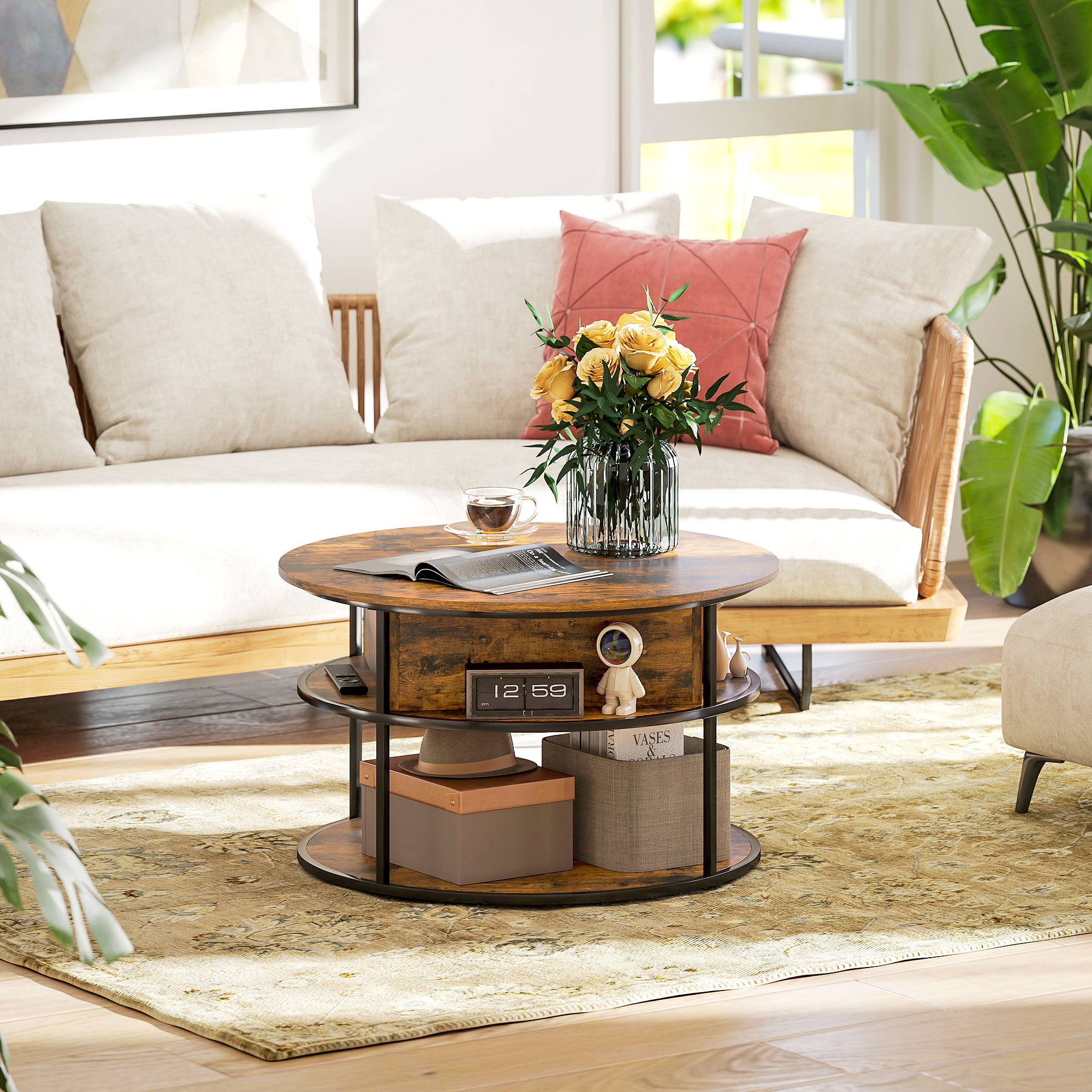 HOMCOM Ronde Koffietafel met Ophefbaar Tafelblad, Opbergruimte, Zijvakken, Stalen Frame, Salontafel, Bruin