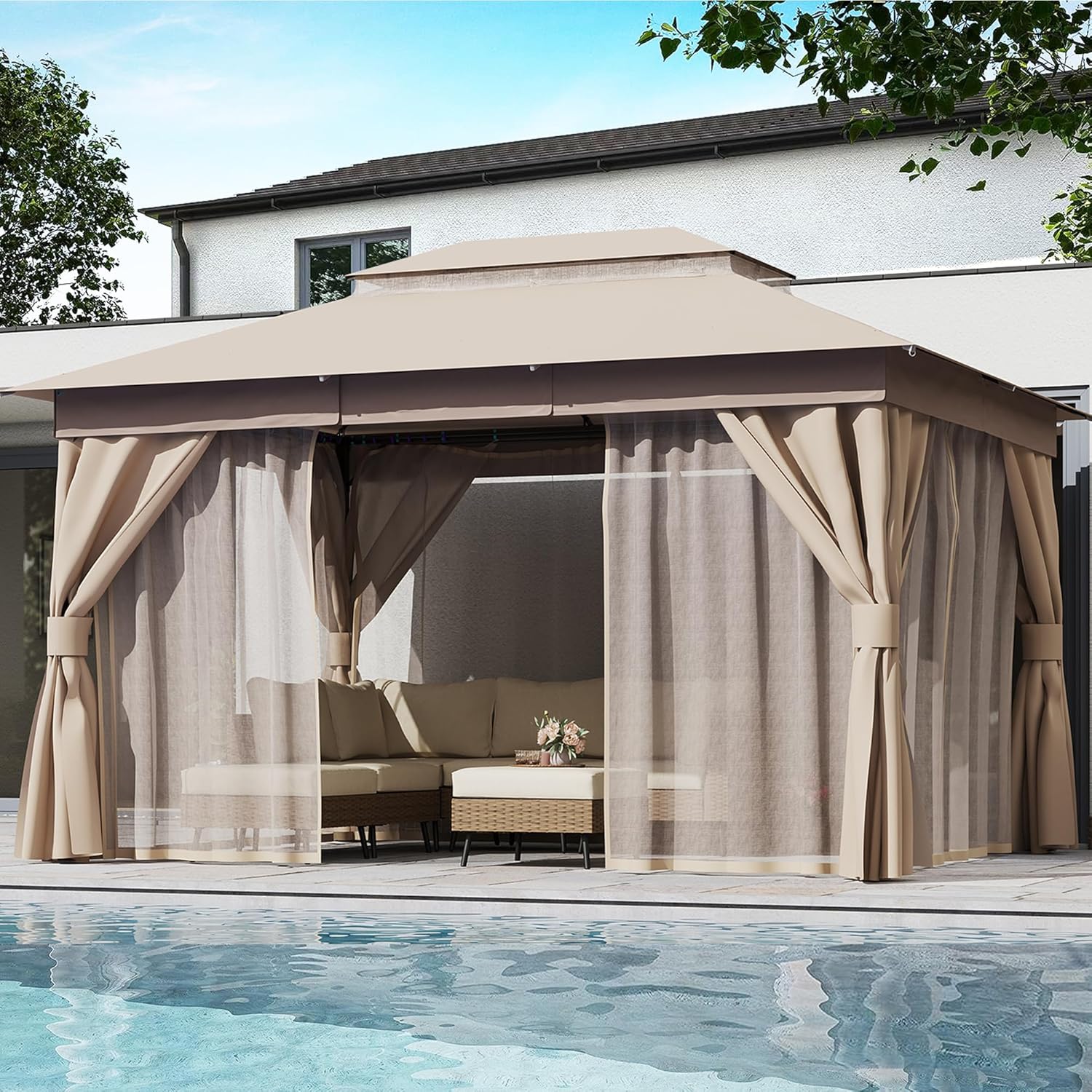 LAUSAINT HOME Semi-Permanent Outdoor Patio Gazebo 10'x13'  Heavy Duty Party Tent Shelter with Double Roofs  Mosquito Nettings and Privacy Screens for Backyard  Garden  Lawn  Khaki