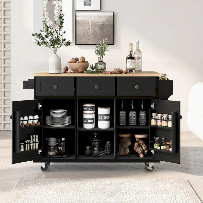 Kitchen Island on 5 Wheels with Storage Cabinet and 3 Drawers