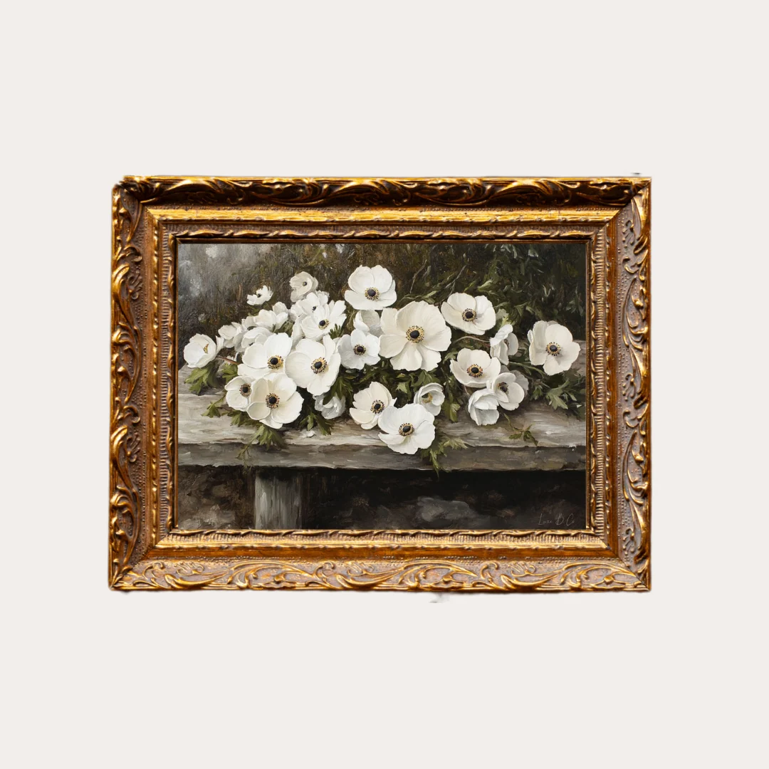 Rustic White Petal Flower | French Brass Inspired Gold Mould Framed Art
