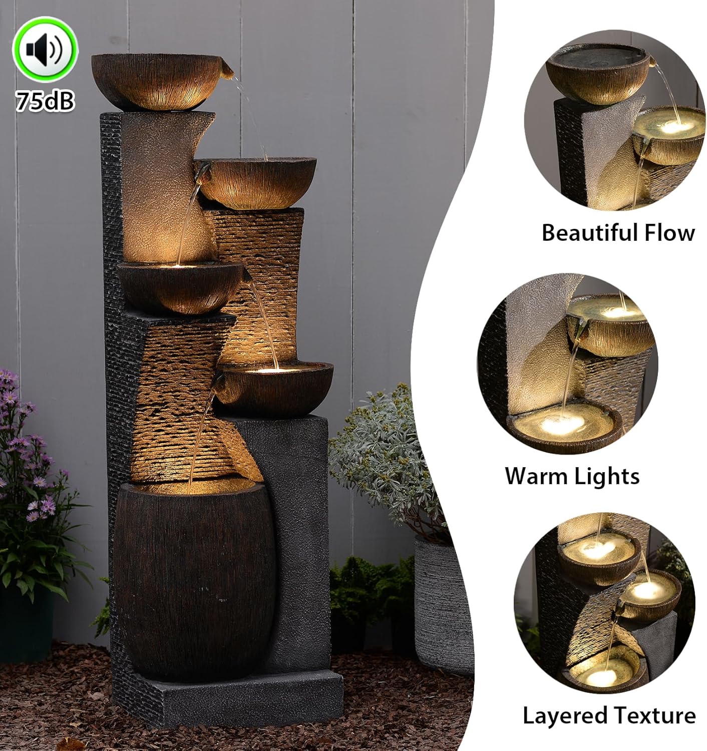 Bumilgar Großer Gartenbrunnen Springbrunnen für Außen mit LED Beleuchtung, 5-stufiger Wasserspiel Wasserfall Brunnen für Garten,Balkon,Terrasse,134x46x37 cm
