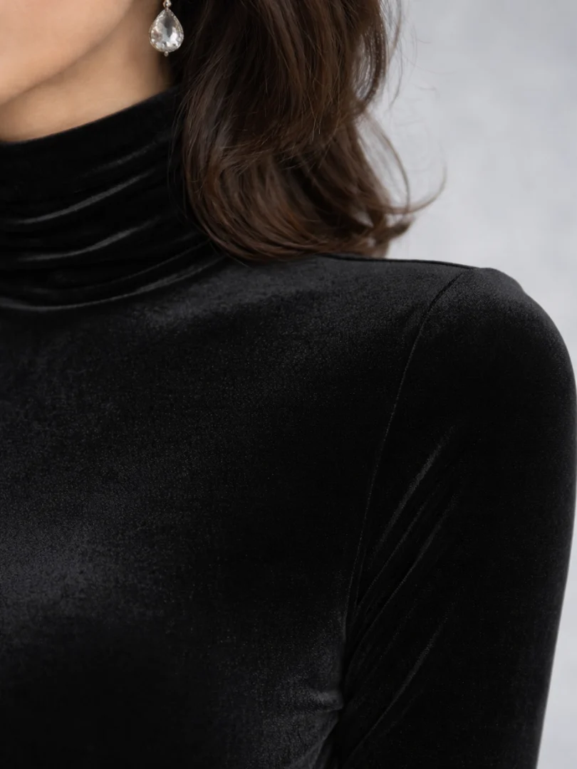 Women��s Velvet Midi Dress Ruched Detail and High Neckline