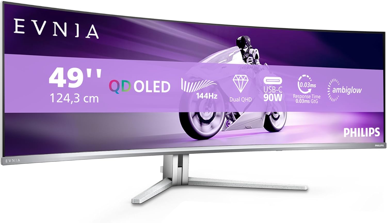 PHILIPS Evnia 49M2C8900LA - Monitor da gioco curvo OLED DQHD da 49 pollici, 144 Hertz, 0,03 ms GtG, HDR400, Ambiglow (5120x1440, HDMI 2.1, DisplayPort 1.4, USB-C, Hub USB) bianco