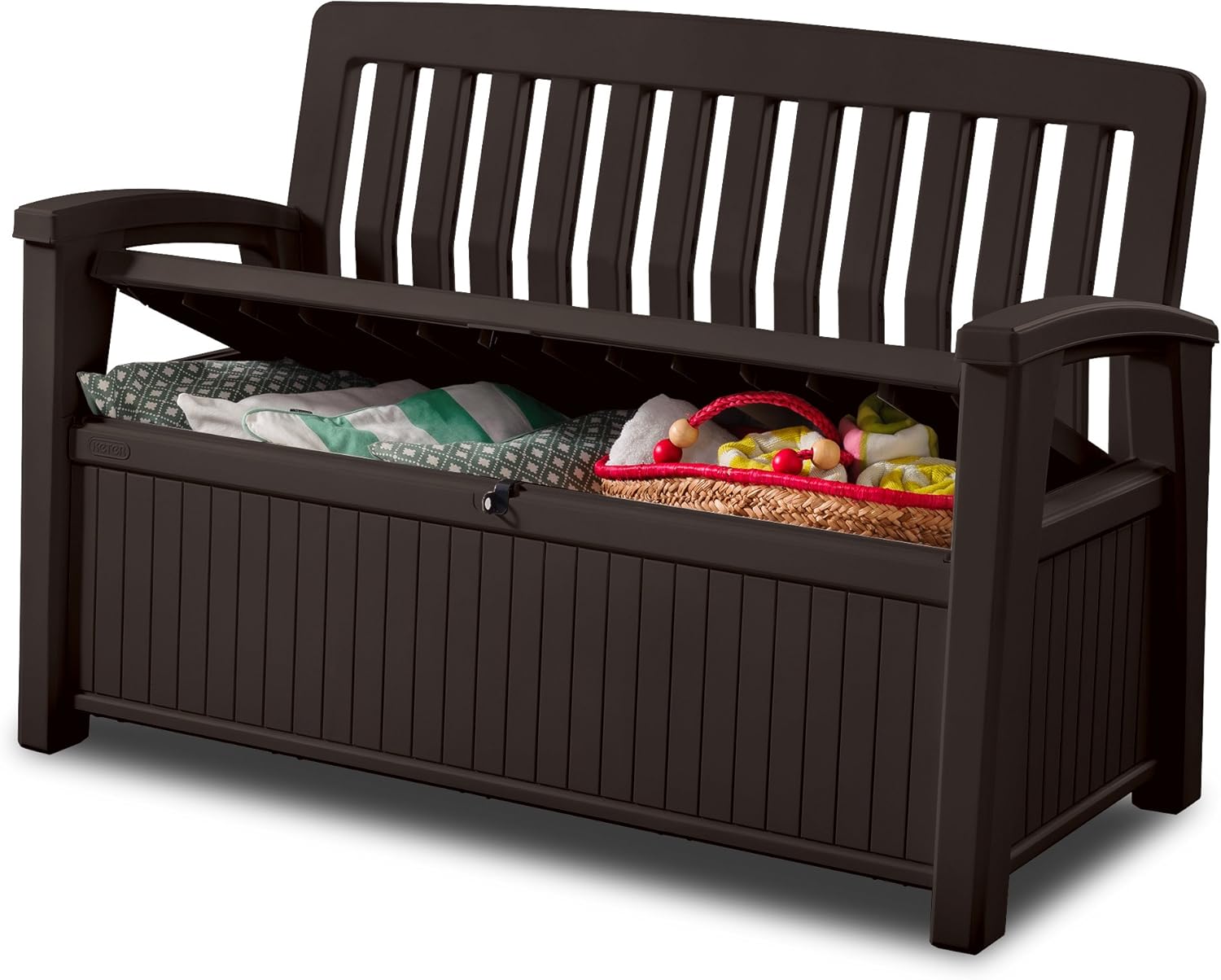Keter Kissenbox, regenfest, Gartenkissenbox Patio Bank, Espresso braun, 138,6 x 63,5 x 88 cm, 227 L, Kissenbox wetterfest