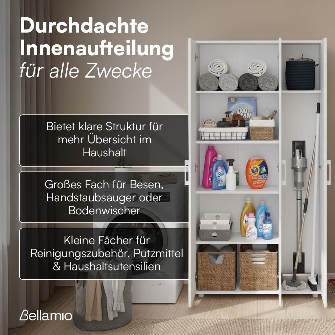 Bellamio Apol Mehrzweckschrank Weiß – Besenschrank 90 cm breit mit Stauraum – Putzschrank mit Staubsaugerfach – Vorratsschrank Küche - Aktenschrank aus Holz - Flurschrank – Aufbewahrungsschrank