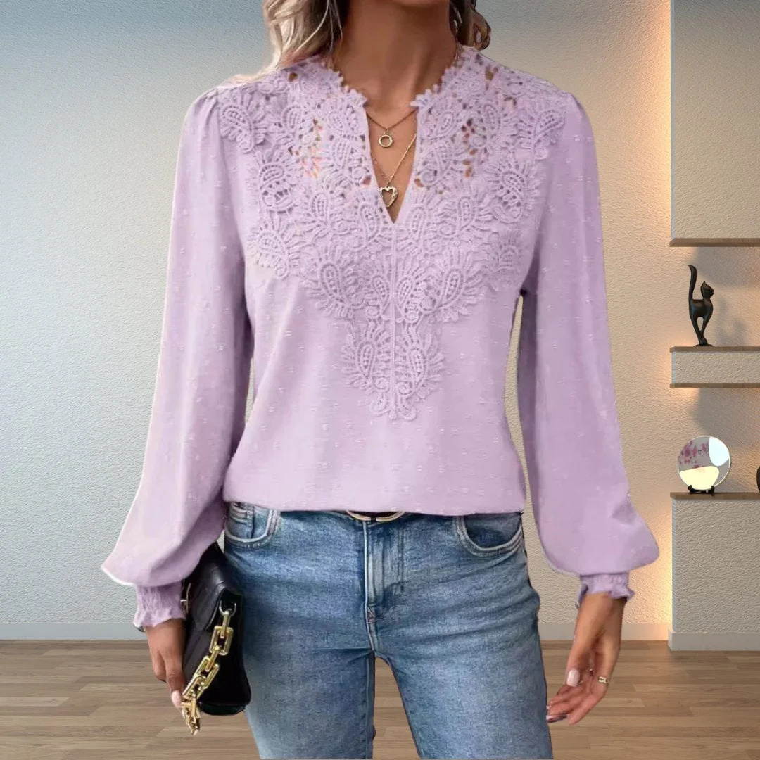 Women��s Lace-Bodice V-Neck Blouse with Smocked Cuffs and Long Sleeves