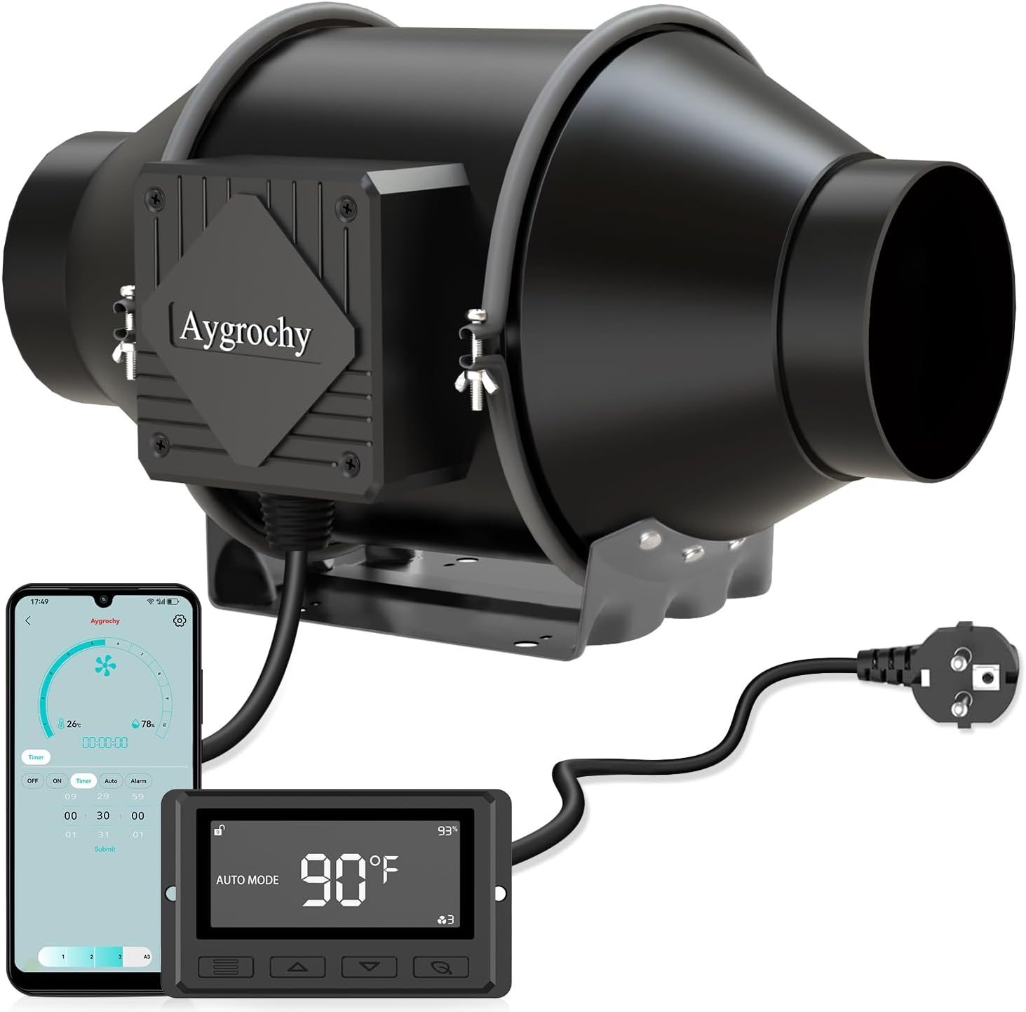 Aygrochy Rohrventilator 100mm, EC-Motor 30W 363m³/h, 2800 U/min Abluftventilator mit Temperatur- und Feuchtigkeitsregler, Rohrlüfter für Wachstumszelte, Luftabsaugung und Rauchabzug, mit WiFi App